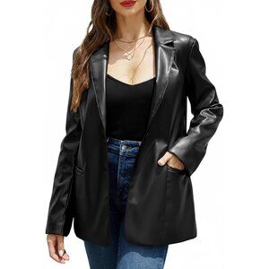 Women Black-Pu Leather Blazer Jacket Vegan leather Lapel Button Down Casual Coat